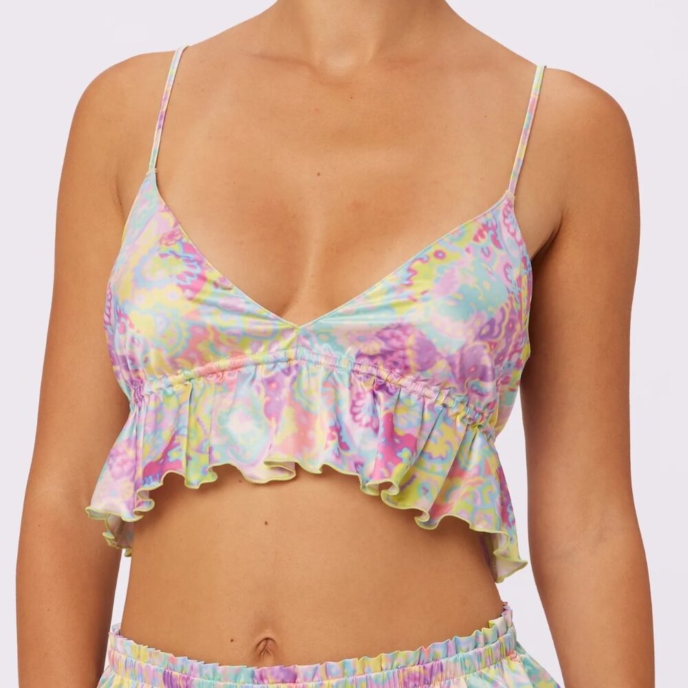Multicolor Satin Flutter Hem Longline Bralette